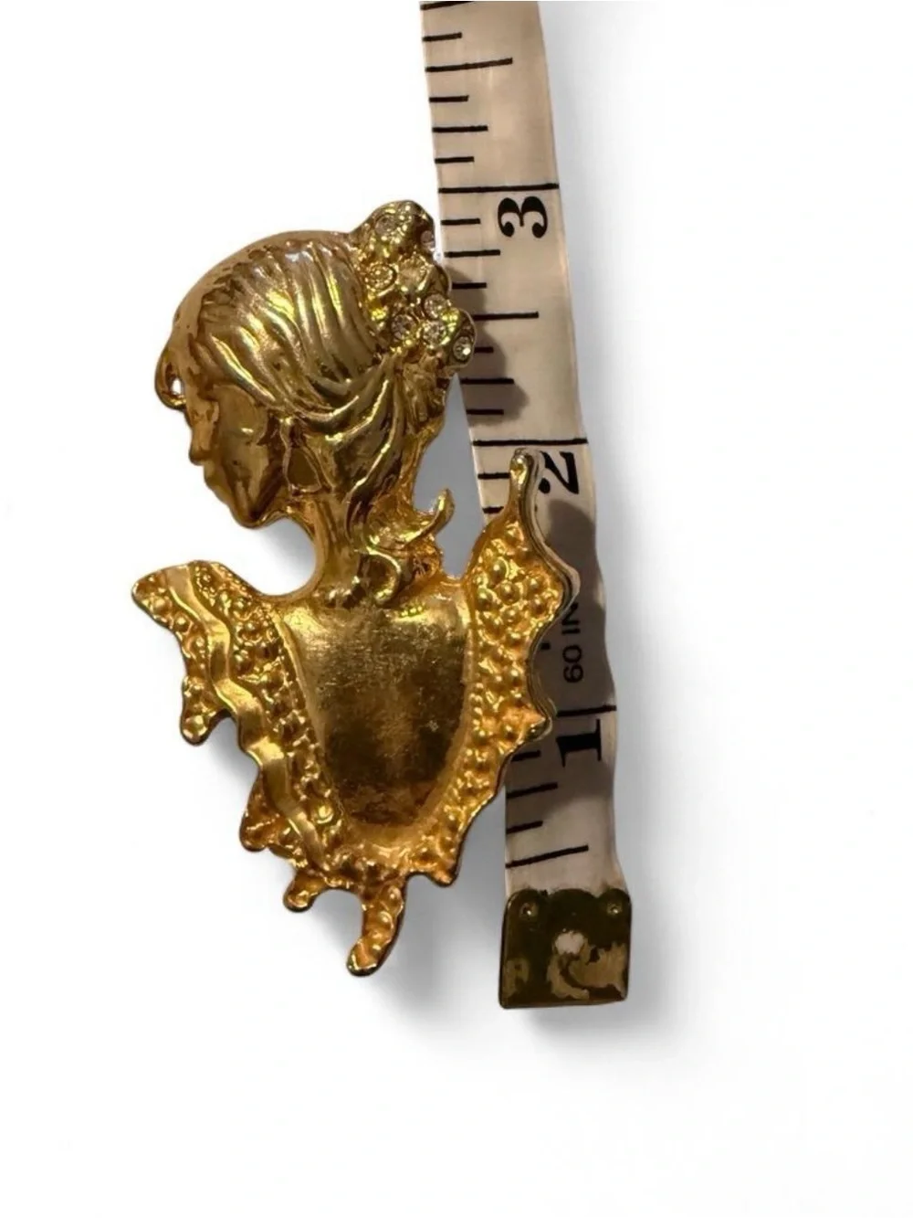 Vtg Gold Tone Victorian Lady Profile Brooch Rhinestone Costume Cameo Pin 80s